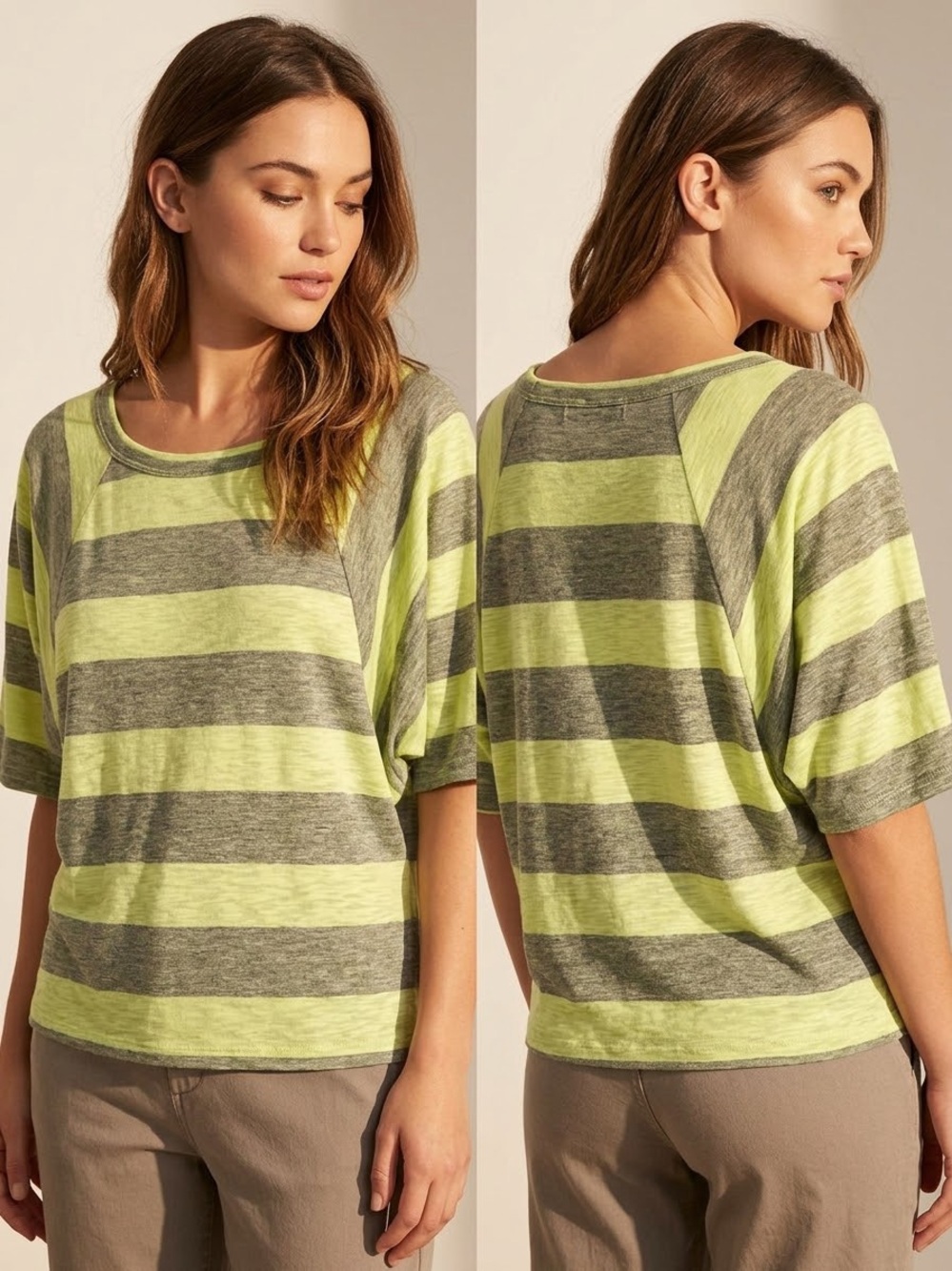 Vintage Havana Striped Short Sleeve Raglan Top Neon Lime & Heather Grey